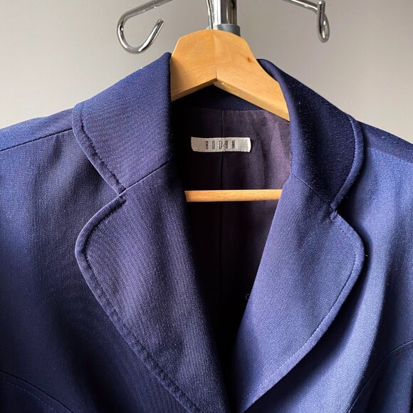 🍂 90s Vintage Navy Blue Minimalist Tailored Fitted Stretchy Blazer - Picture 3 of 7